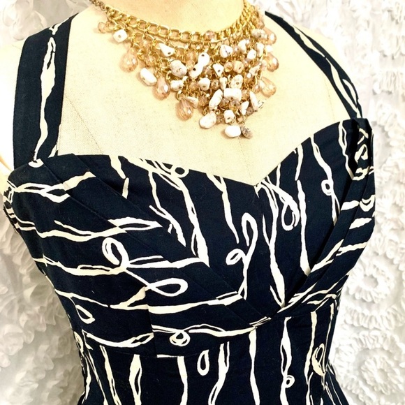 Anthropologie Grapic Print Black/White Halter Dress with Full Swing Skirt- 6 - Picture 6 of 14